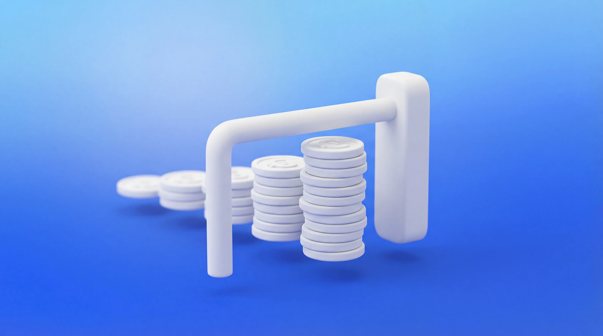 Illustration 3D de pièces en euros s'empilant devant une barrière de seuil, symbolisant les plafonds de chiffre d'affaires auto-entrepreneur