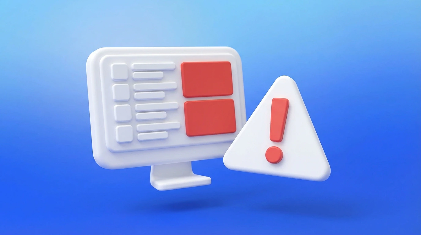 Illustration 3D d'un panneau d'avertissement à côté d'un écran affichant une liste d'offres de missions, symbolisant les limites de la plateforme