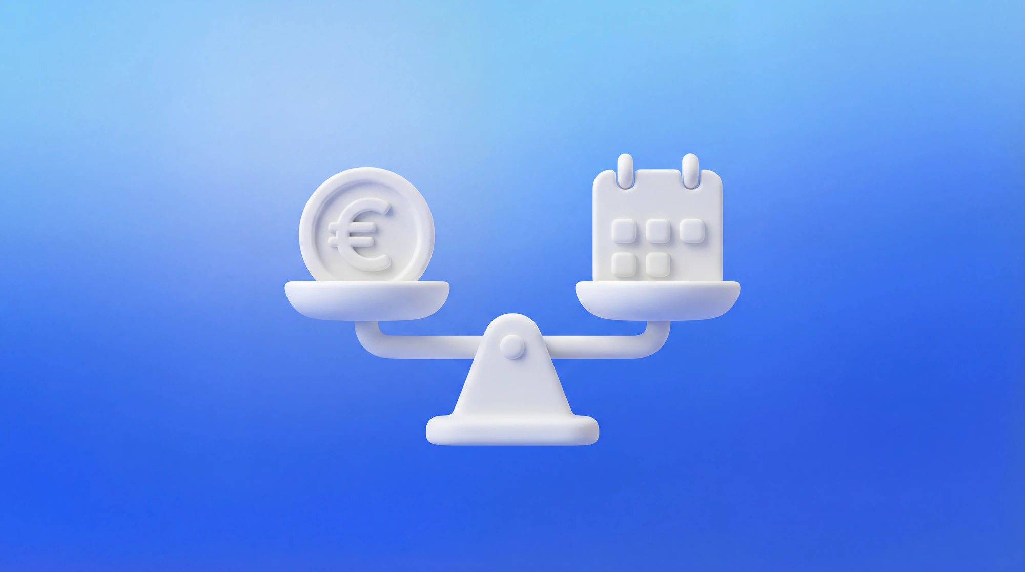 Illustration 3D d'une balance avec une pièce en euro d'un côté et un calendrier de l'autre, symbolisant l'équilibre entre revenus et jours facturables dans le calcul du TJM freelance