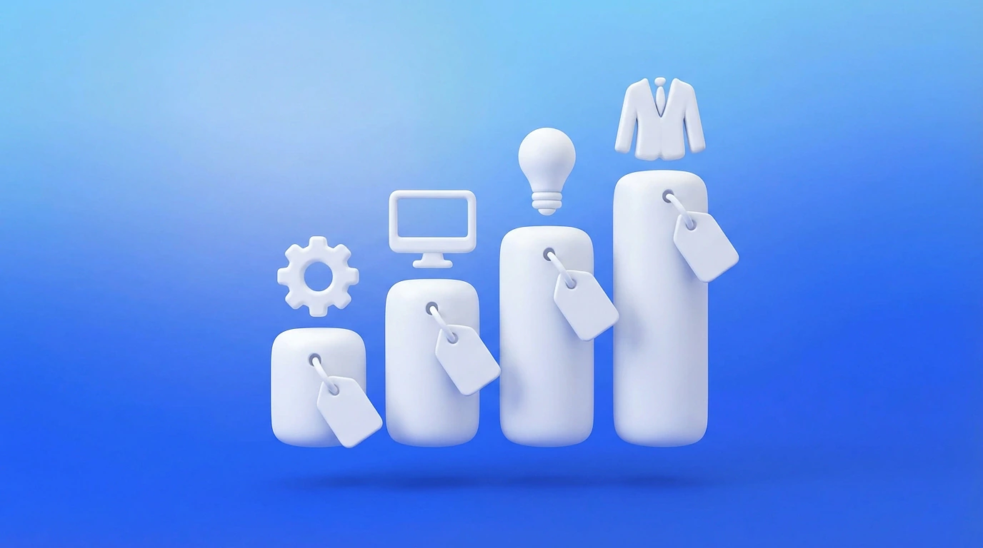 Illustration 3D d'un graphique à barres croissantes avec des étiquettes de prix, représentant les TJM moyens par métier freelance en 2026