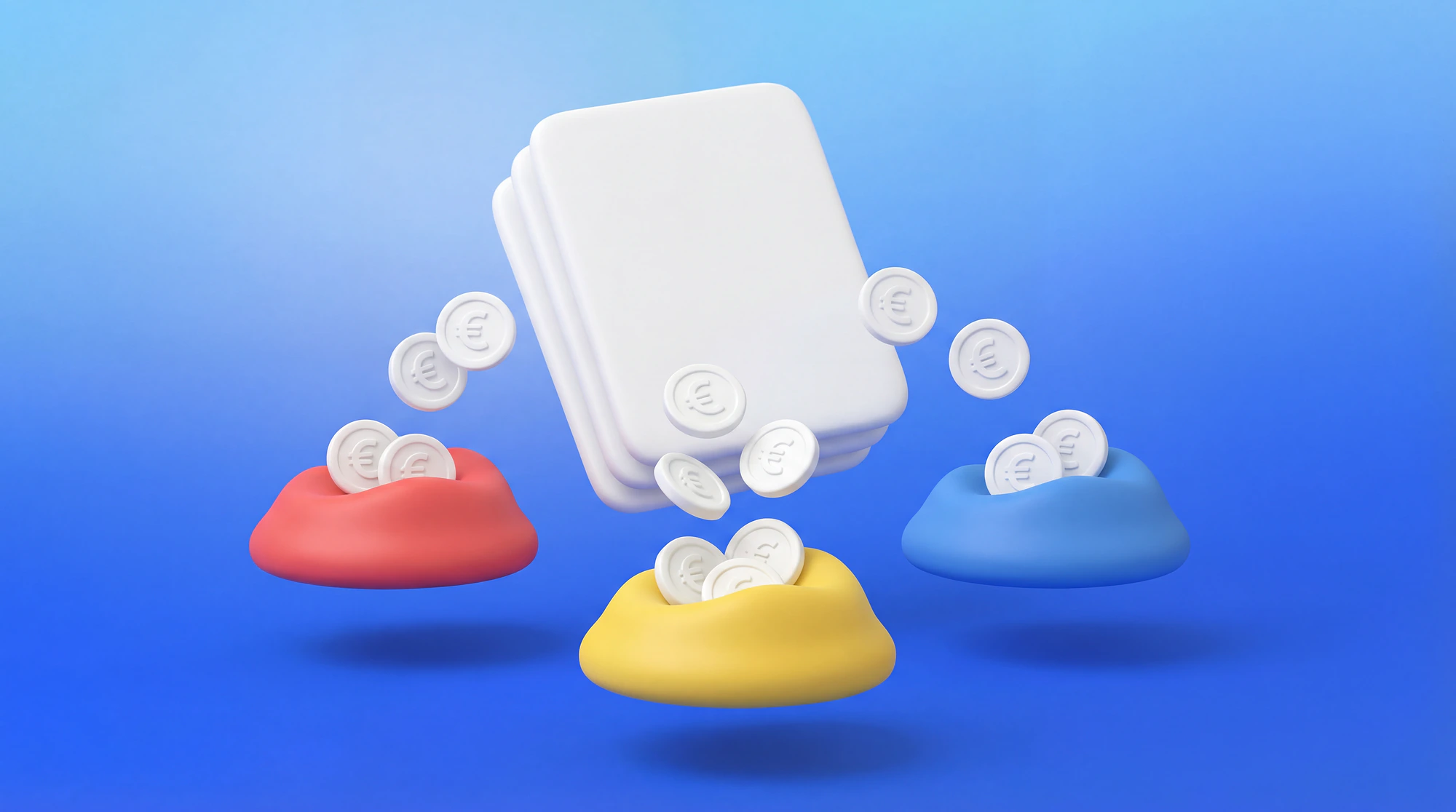 Illustration 3D de pièces en euros triées en différentes piles représentant les charges sociales freelance