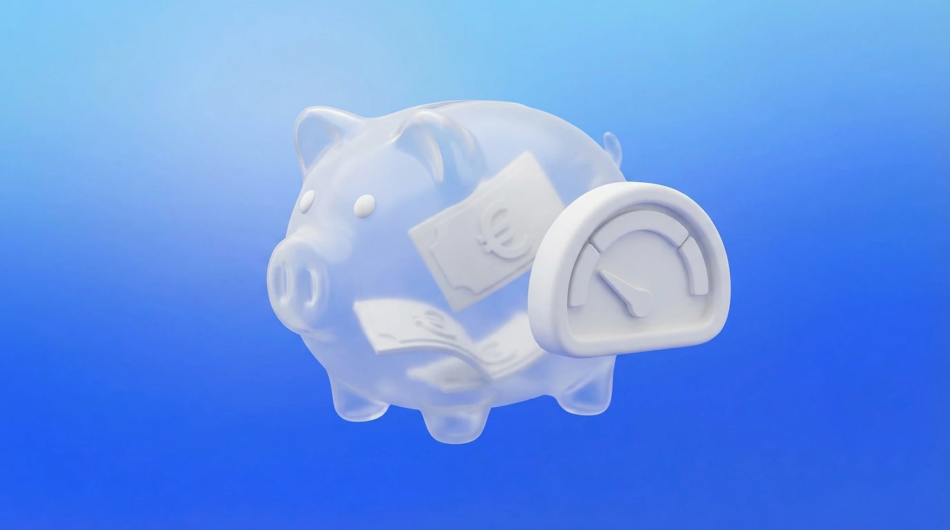 Illustration 3D d'une tirelire transparente avec un indicateur de pourcentage représentant le revenu net freelance