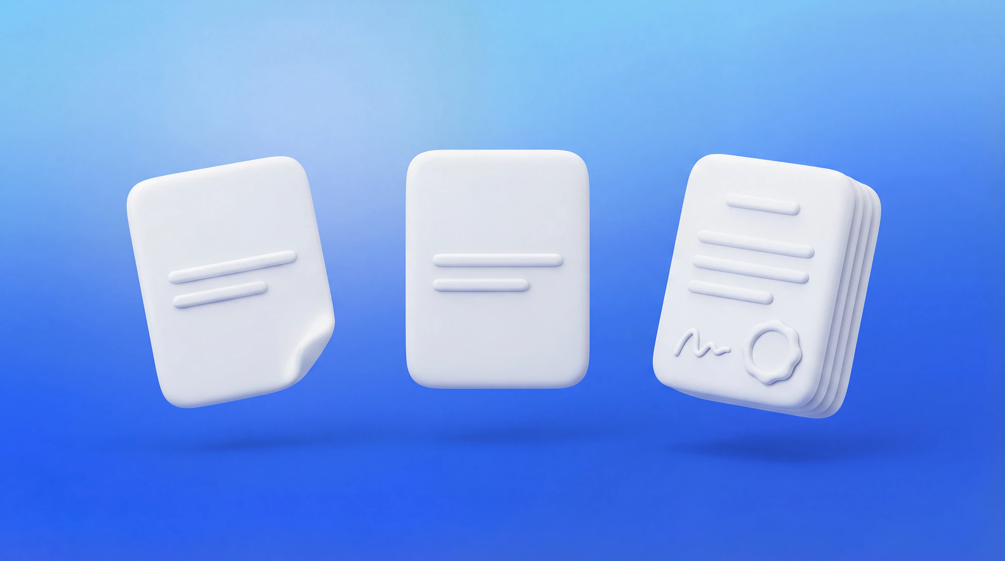 Illustration 3D de trois documents côte à côte montrant la progression du devis au contrat de prestation freelance