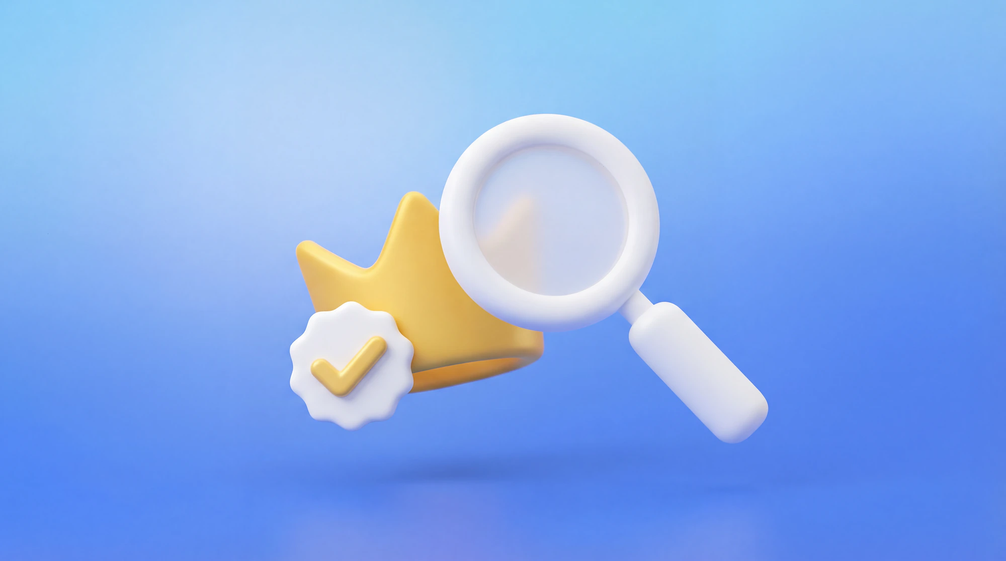 Illustration 3D d'une loupe examinant une couronne dorée avec un badge de vérification, symbolisant la sélection sur Crème de la Crème