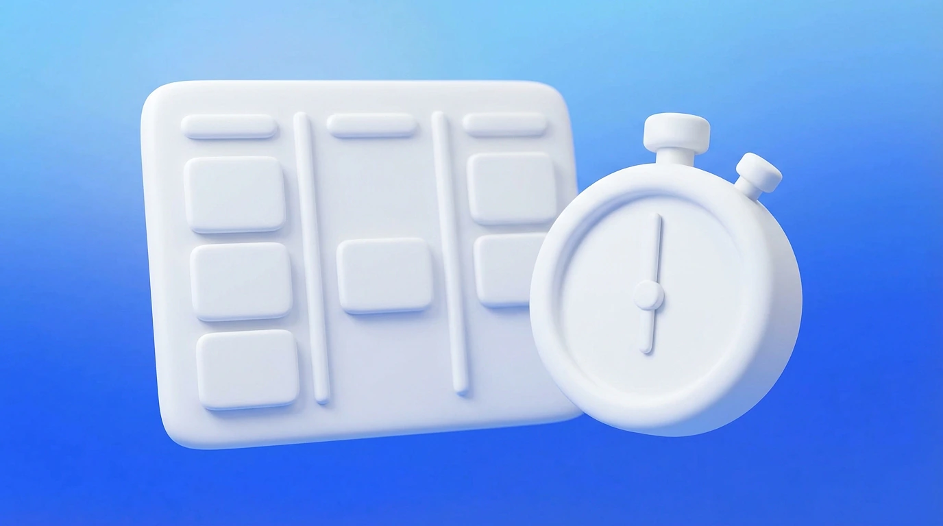 Chronomètre à côté d'un tableau kanban avec des cartes de prospects, mise en place rapide d'un CRM freelance