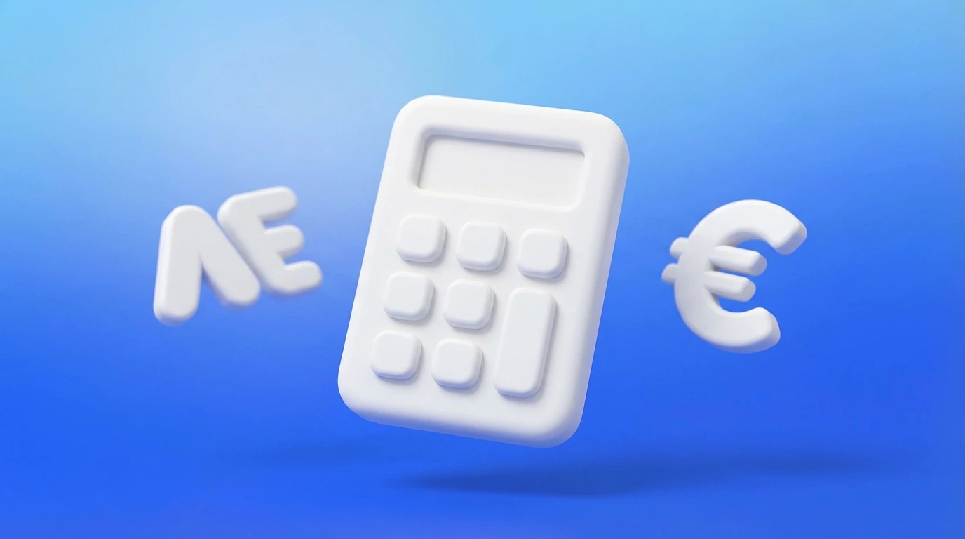 Illustration 3D d'une calculatrice avec des symboles euro, représentant le calcul du cumul ARE et revenus freelance