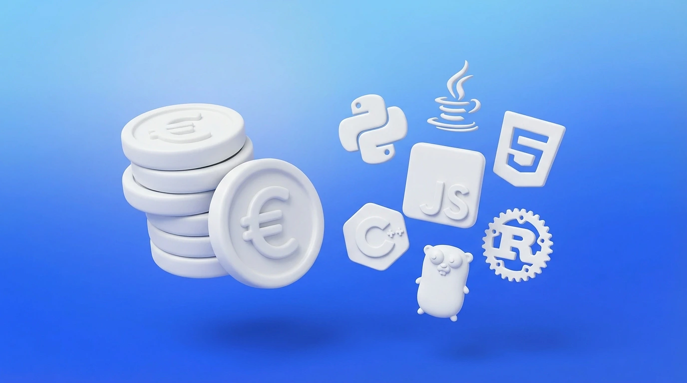 Illustration 3D de pièces en euros empilées à côté de logos de langages de programmation, représentant les TJM par stack technique