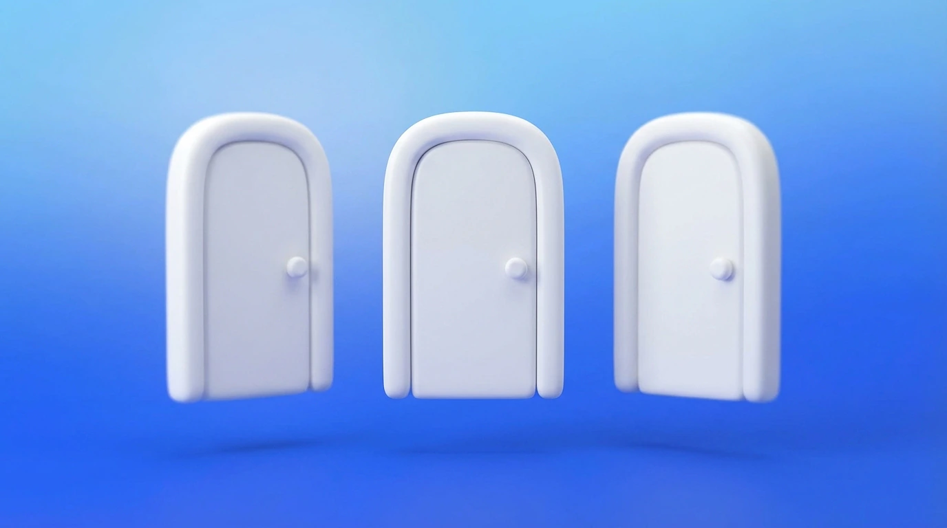 Illustration 3D de trois portes représentant les différents canaux pour trouver des missions freelance développeur
