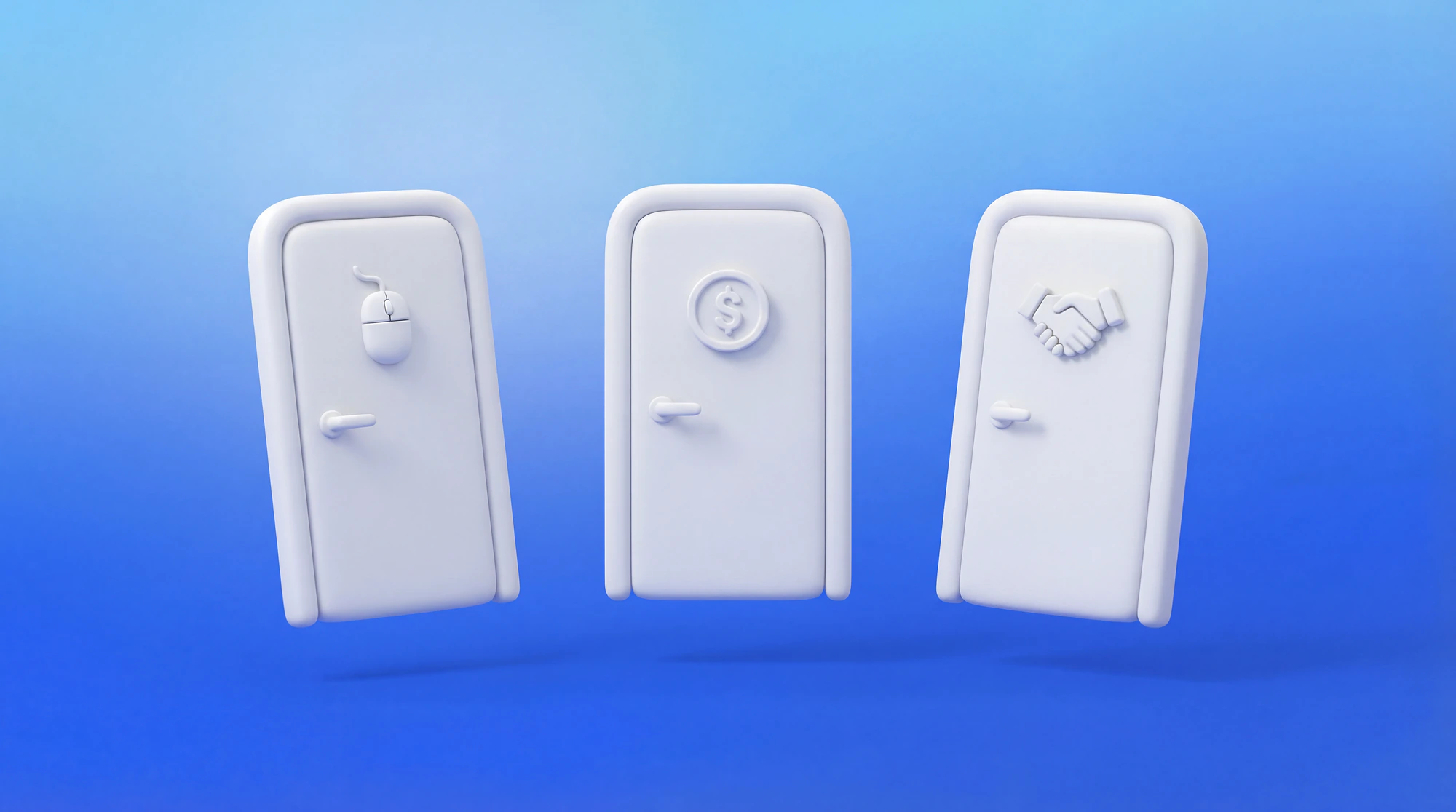 Illustration 3D de trois portes avec des panneaux représentant les choix de statut freelance