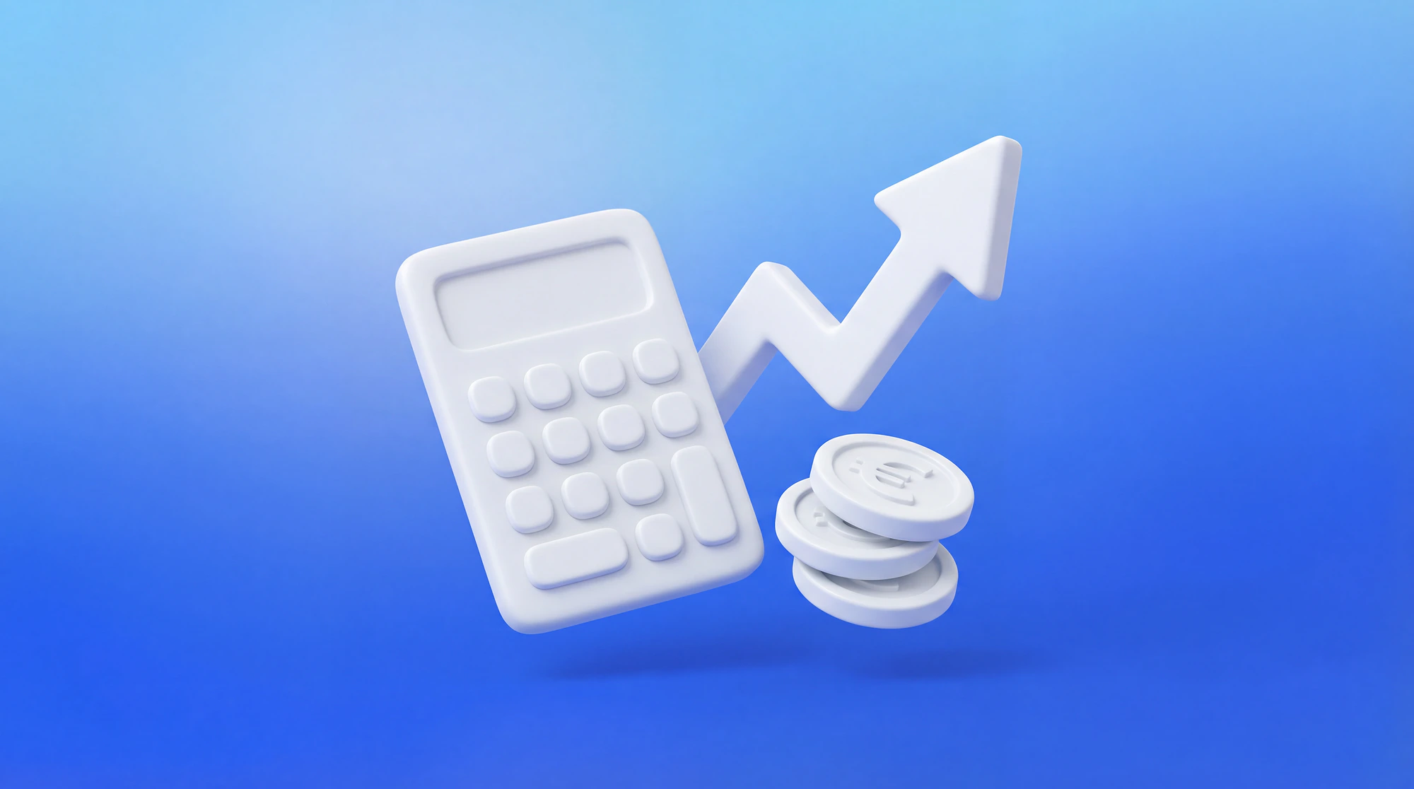 Illustration 3D d'une calculatrice avec des pièces en euros empilées et un graphique en hausse