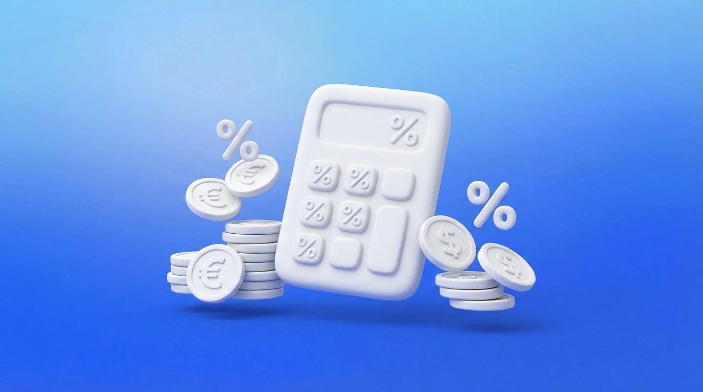 Illustration 3D de pièces en euros et dollars réparties en piles avec des symboles de pourcentage, représentant les commissions des plateformes freelance