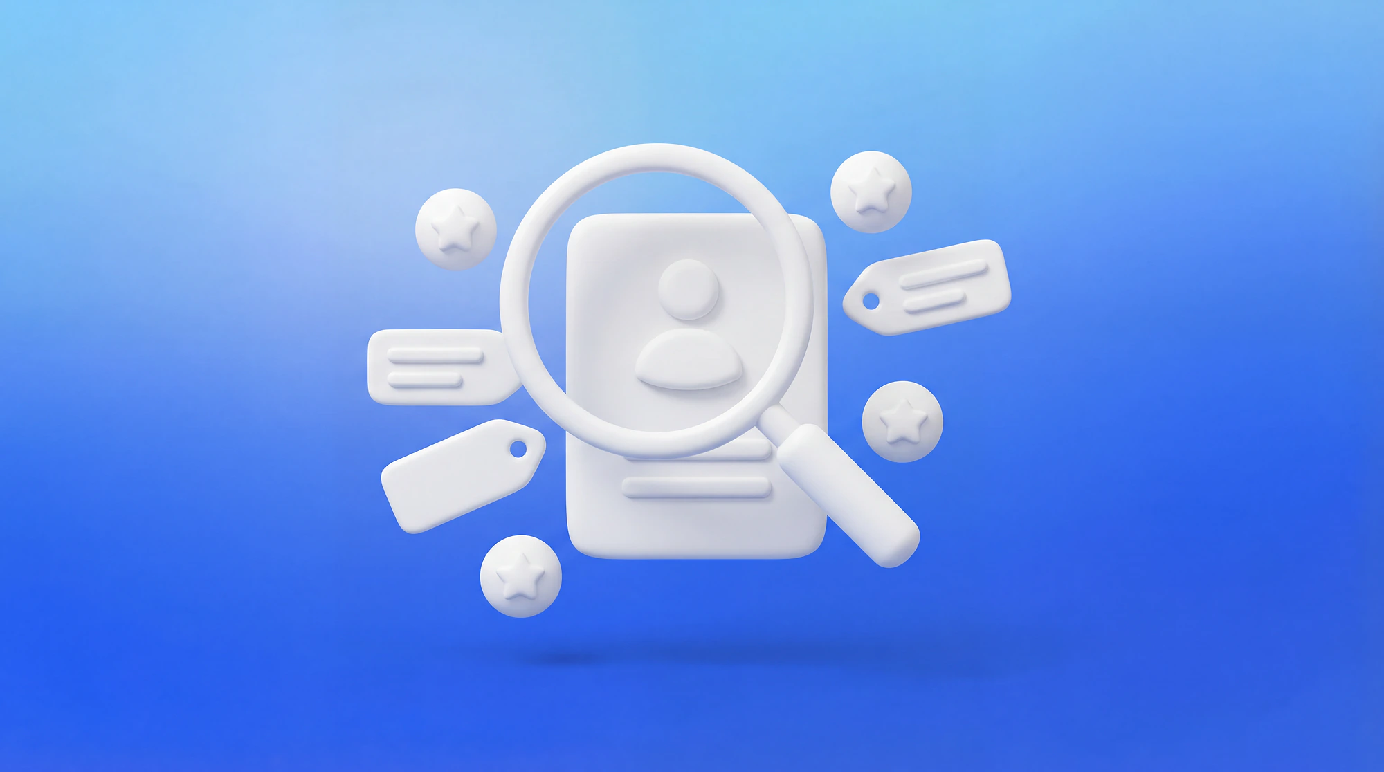 Illustration 3D d'une loupe survolant une fiche profil avec des tags et étoiles flottantes, représentant l'optimisation de profil Fiverr