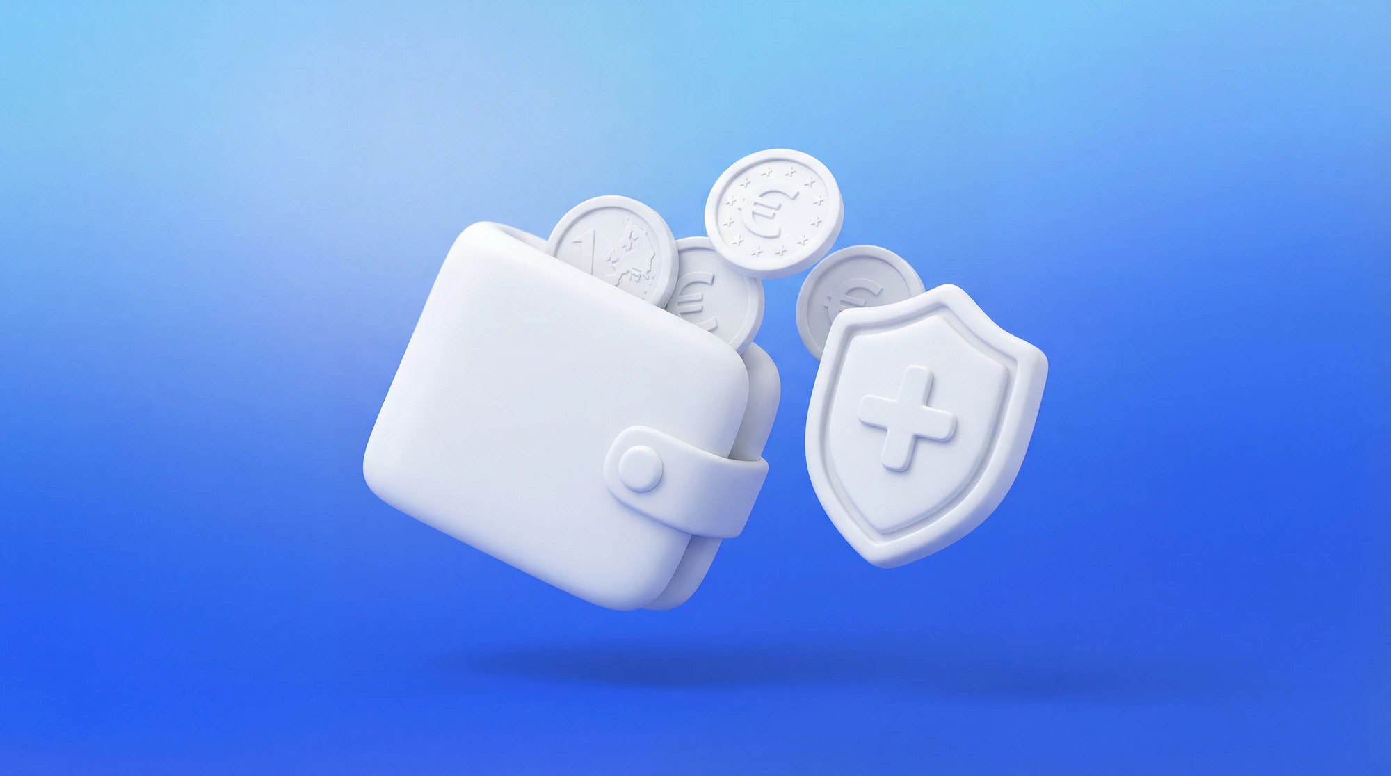 Illustration 3D d'un portefeuille avec des pièces en euros et un bouclier, représentant la sécurisation des finances freelance