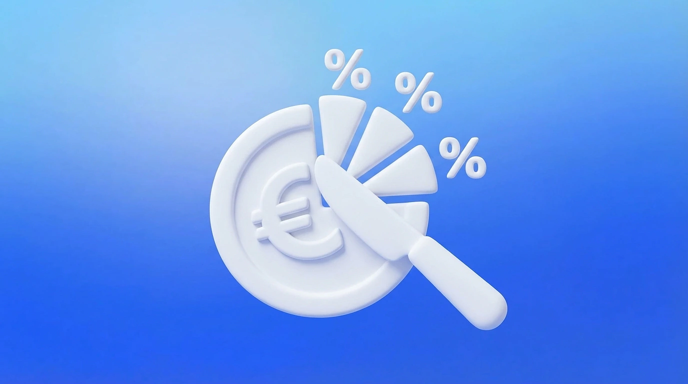 Illustration 3D d'une pièce en euros découpée en tranches avec des symboles de pourcentage, représentant la commission Malt