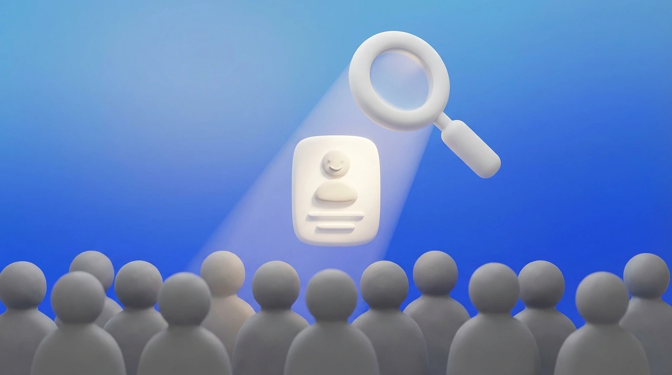 Illustration 3D d'une fiche profil lumineuse s'élevant au-dessus d'une foule de silhouettes grises, symbolisant la visibilité sur Malt