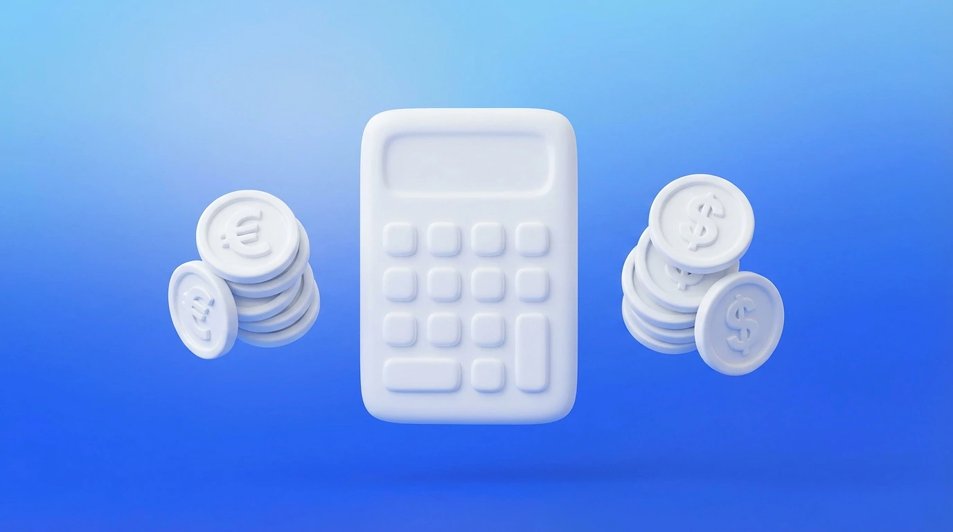 Illustration 3D d'une calculatrice avec des pièces en euros et en dollars empilées de chaque côté, comparant les commissions des plateformes