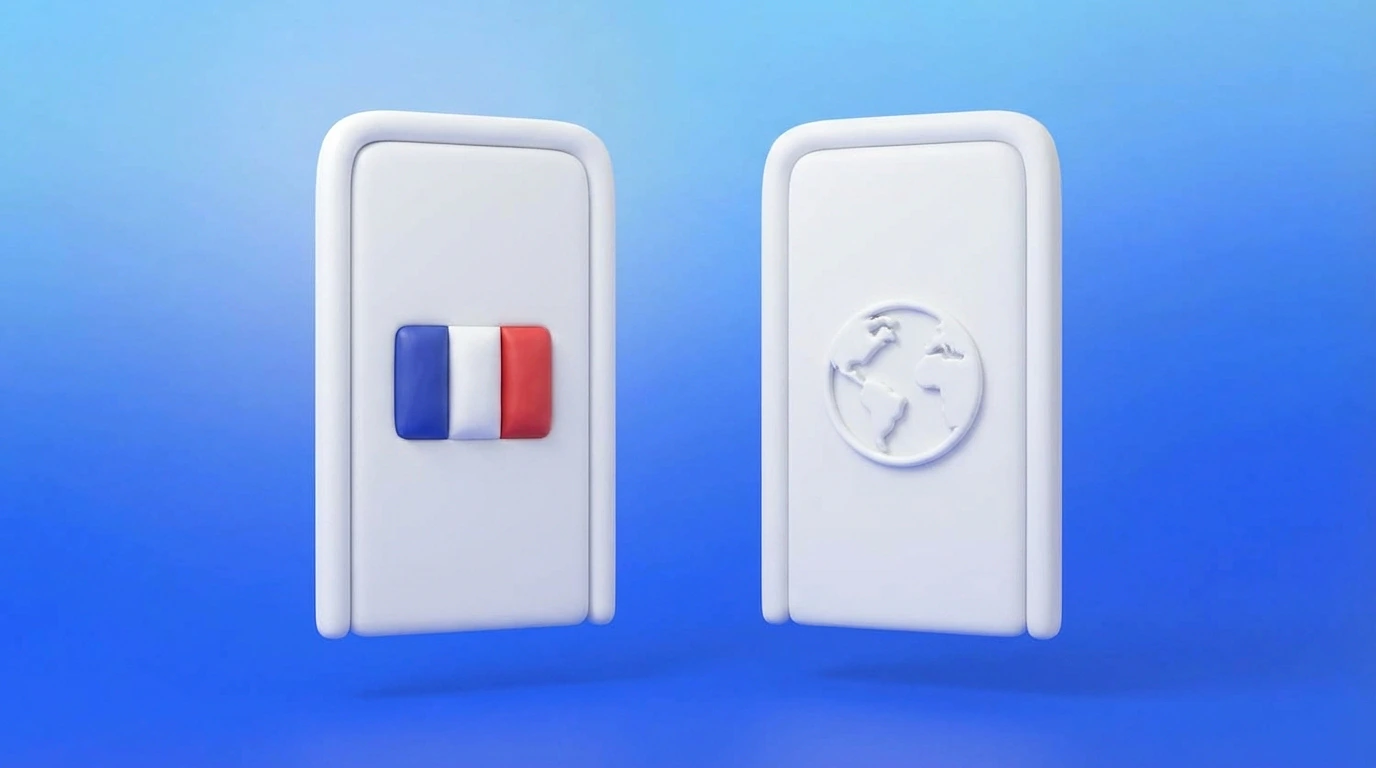 Illustration 3D de deux portes côte à côte, l'une avec un drapeau français et l'autre avec un globe terrestre, symbolisant le choix entre marché local et international