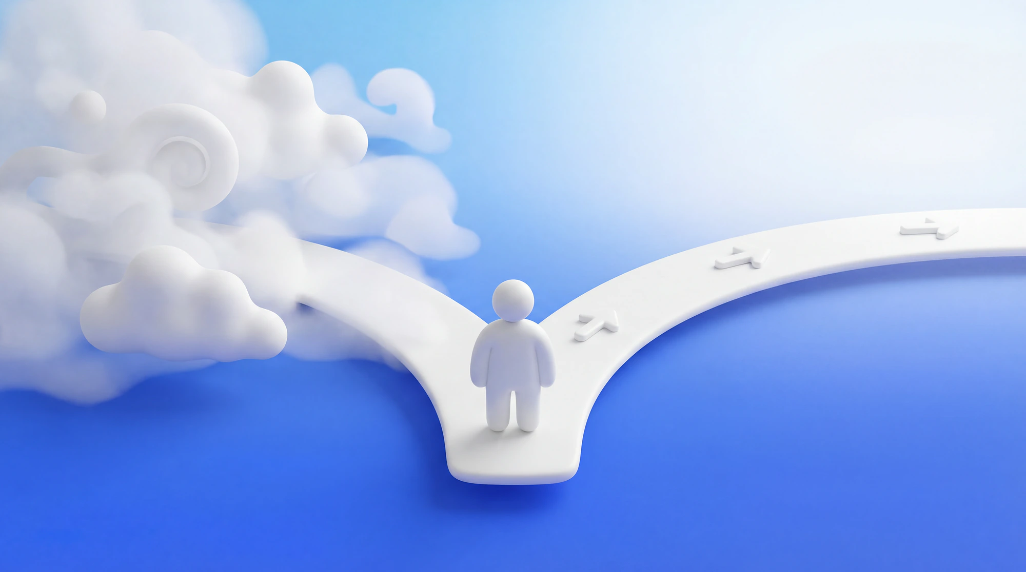 Illustration 3D d'un freelance face à un carrefour entre un chemin incertain et un chemin clair, symbolisant la gestion de l'incertitude