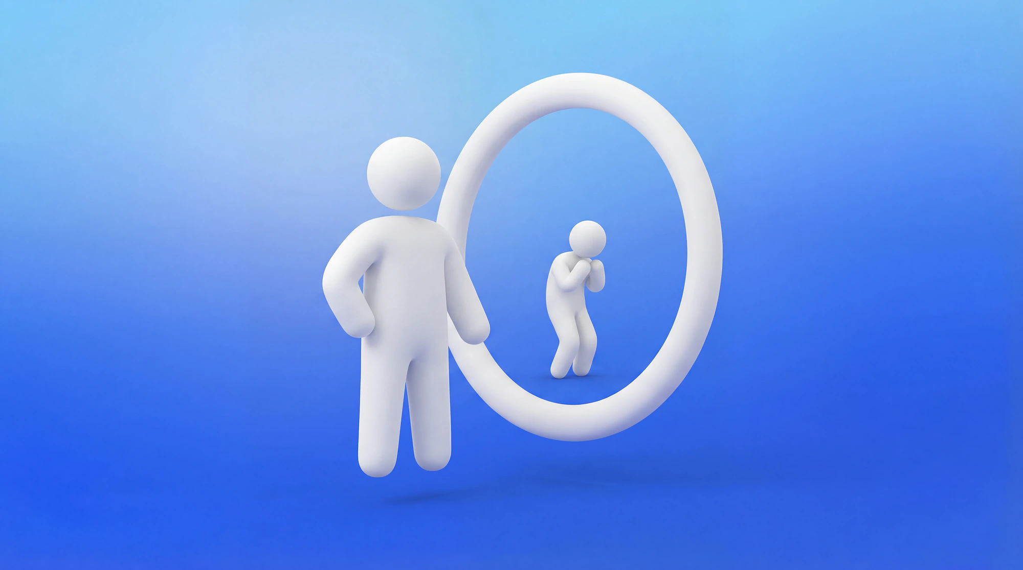 Illustration 3D d'une personne regardant son reflet dans un miroir où le reflet apparaît plus petit et hésitant, symbolisant le syndrome de l'imposteur