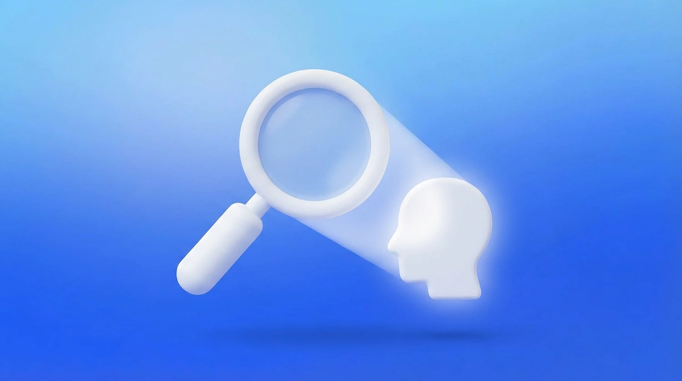 Illustration 3D d'une loupe sur un profil avec un faisceau lumineux, symbolisant la visibilité personnelle du freelance