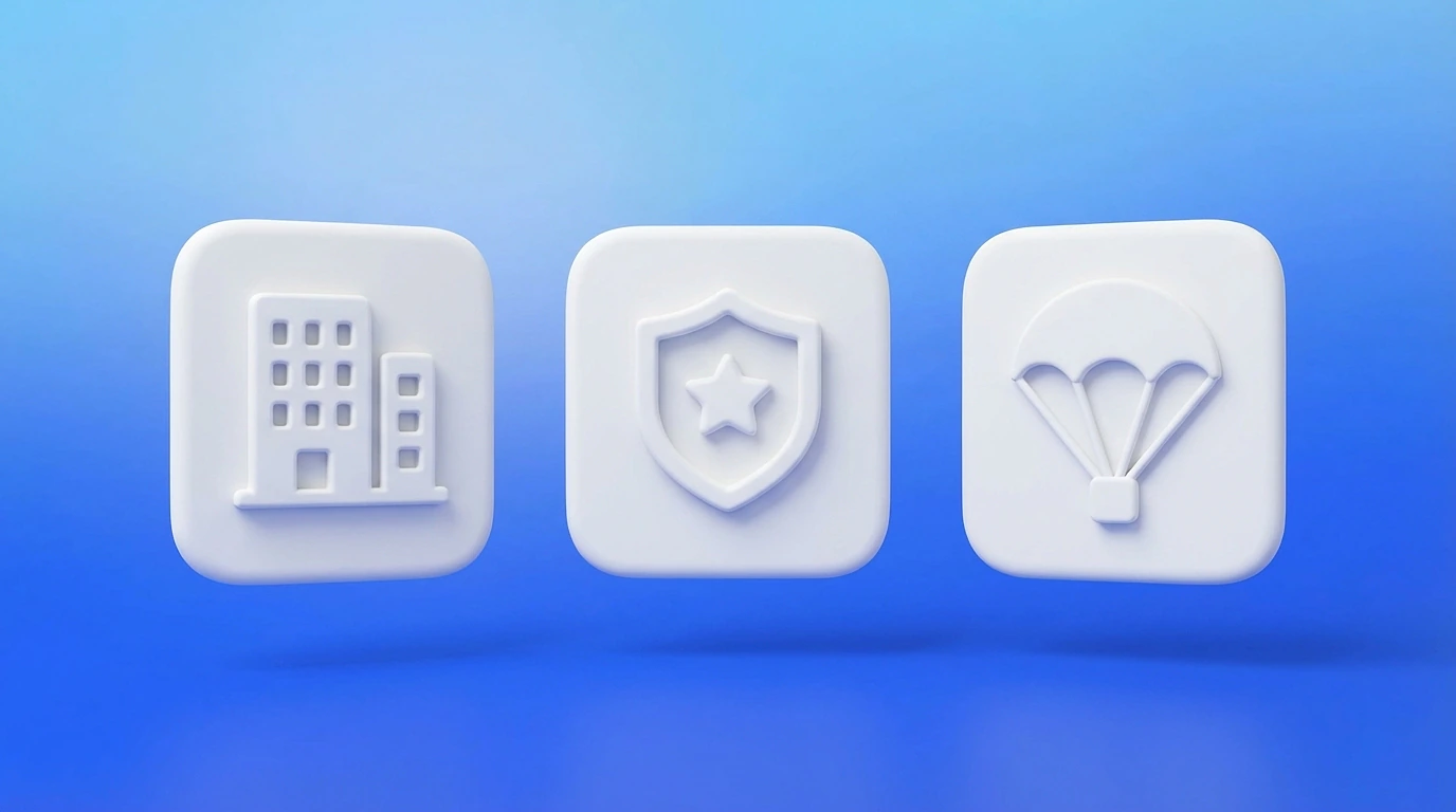 Illustration 3D de trois profils freelance avec un immeuble, un bouclier et un parachute représentant les profils idéaux pour le portage salarial