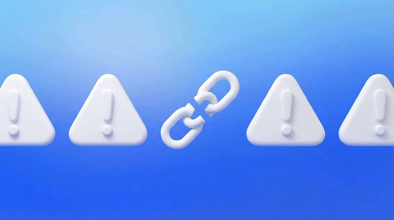 Illustration 3D de panneaux d'avertissement rouges alignés avec un maillon de chaîne brisé au centre