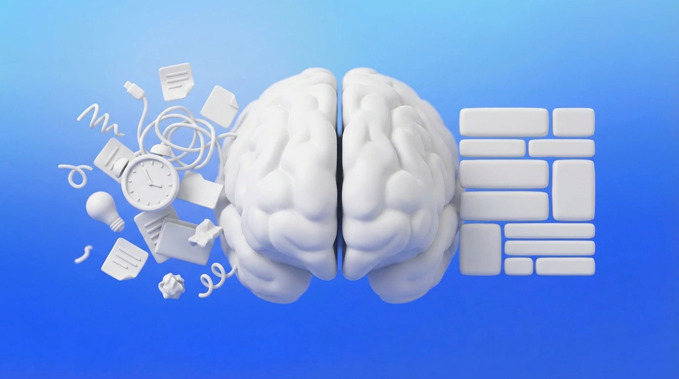 Illustration 3D d un cerveau partagé entre tâches chaotiques et blocs de temps organisés