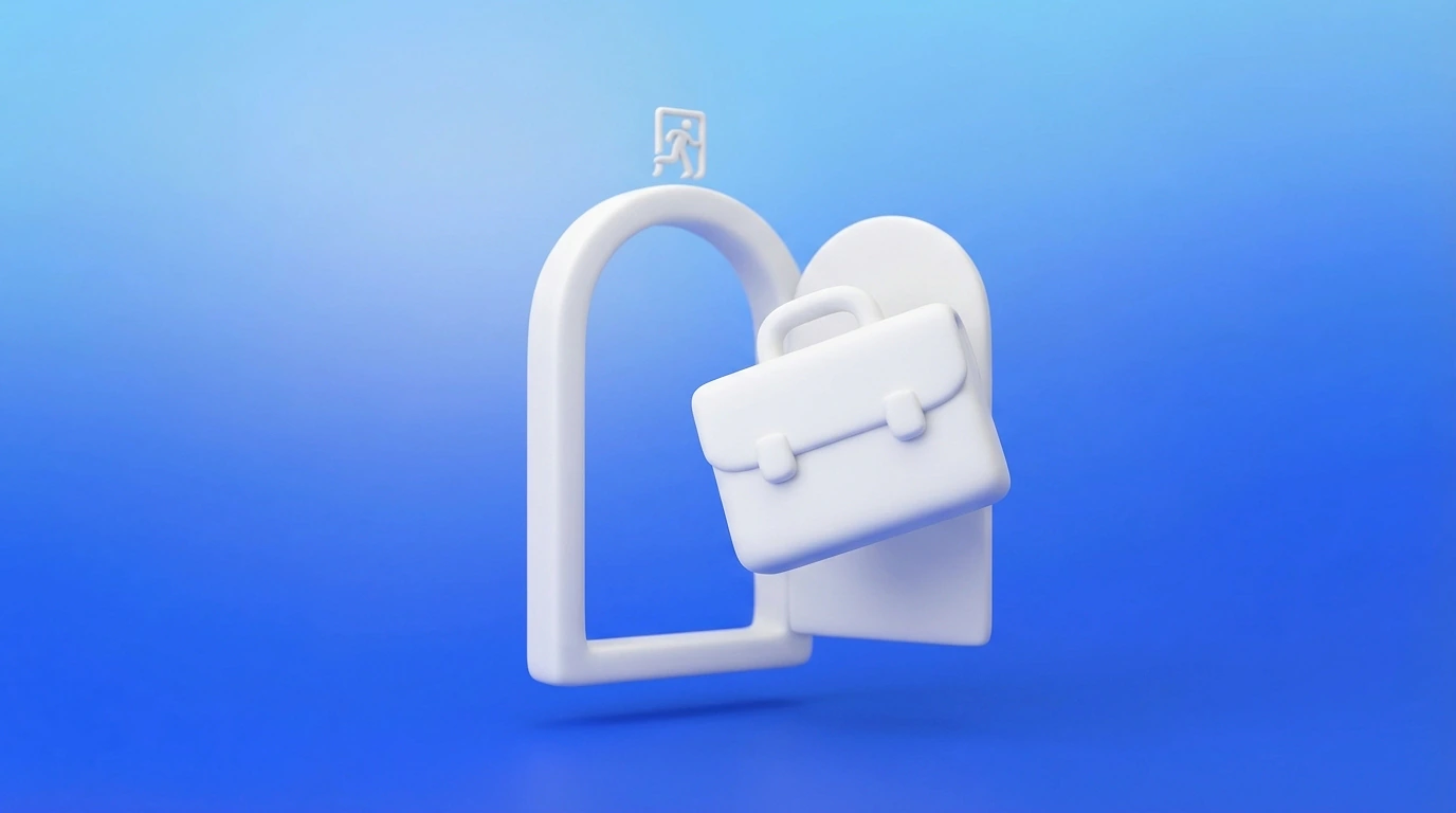 Illustration 3D d'une porte ouverte avec une mallette, symbolisant la sortie du CDI vers le freelance