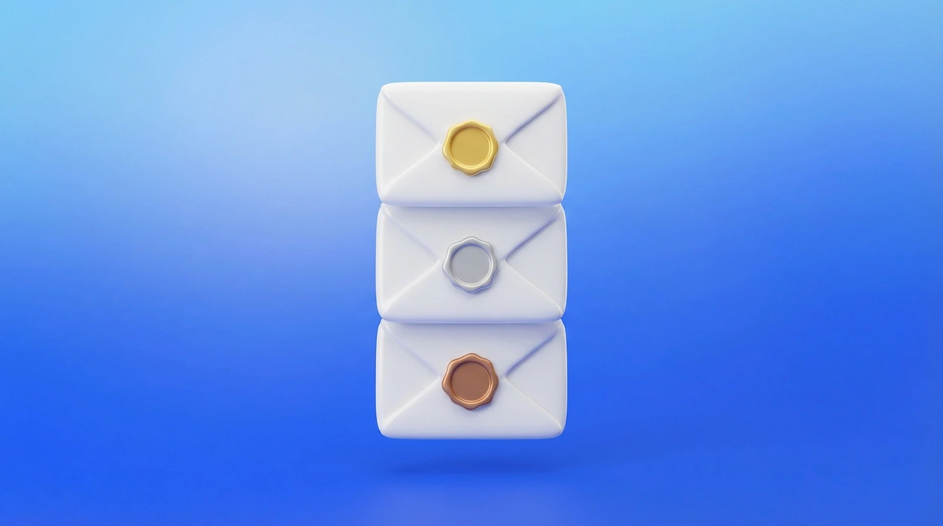 Trois enveloppes numérotées avec des coches vertes, trois messages types de relance client freelance