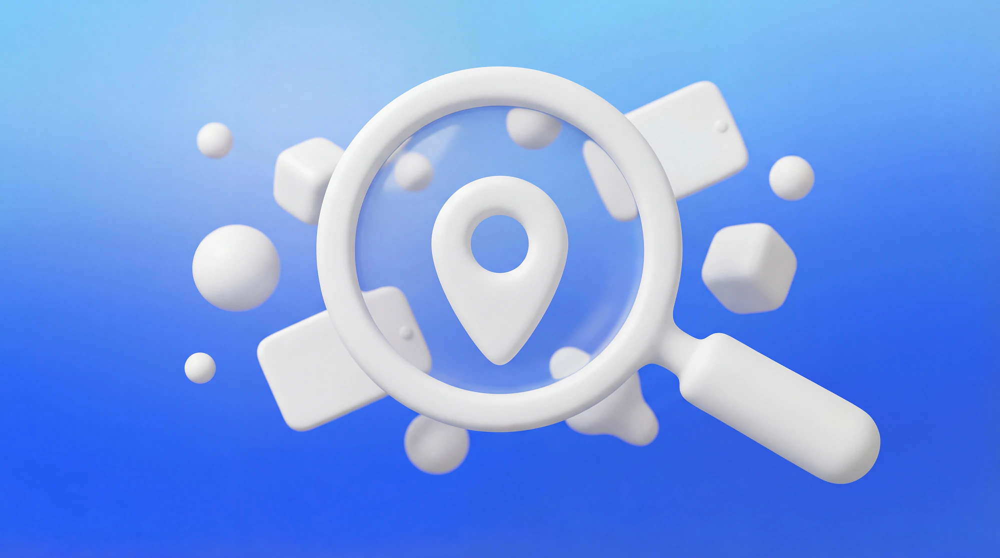 Illustration 3D d'une loupe analysant des mots-clés autour d'un repère de carte, symbolisant la stratégie SEO locale