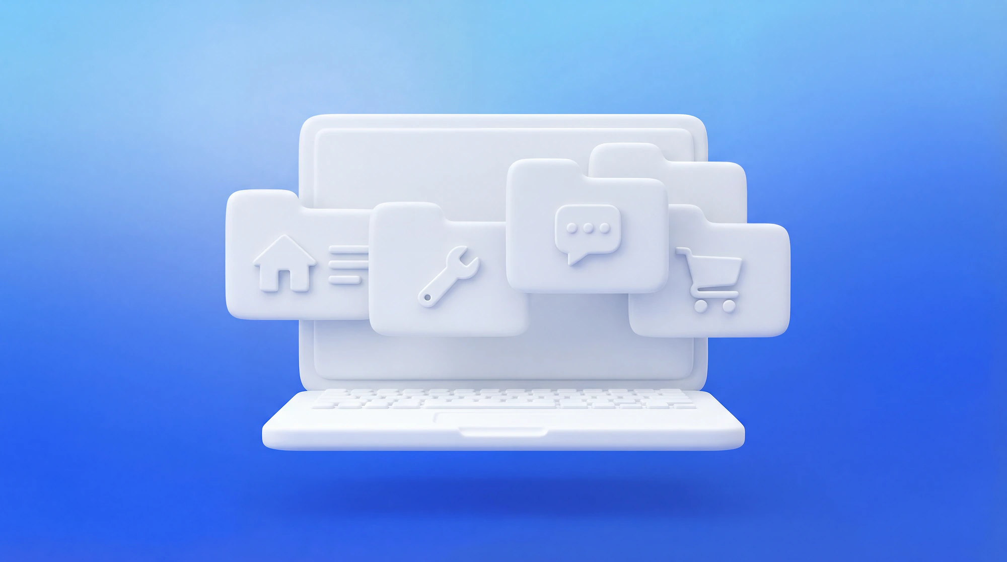 Illustration 3D d'un ordinateur portable avec plusieurs onglets de pages de service, représentant la stratégie une page par offre