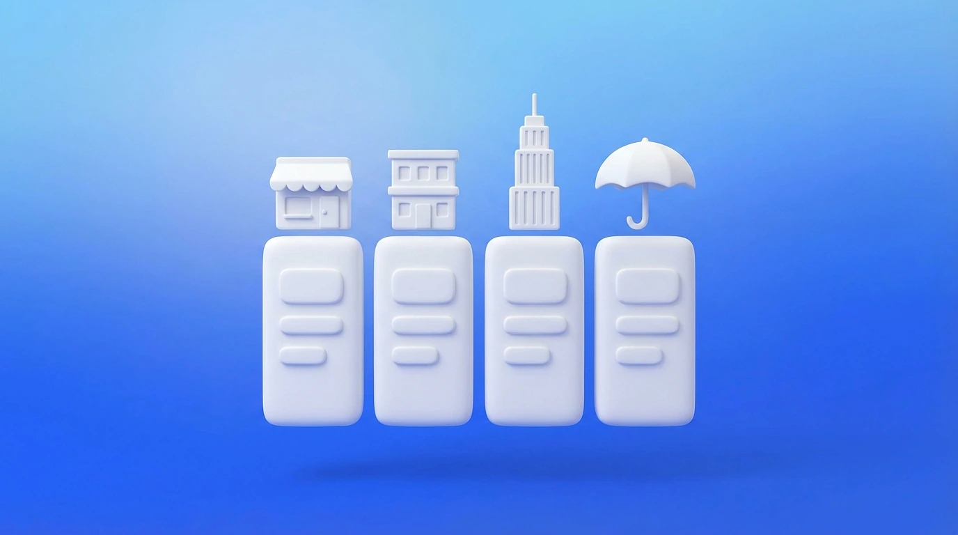 Illustration 3D d'un tableau comparatif avec quatre colonnes représentant les statuts freelance micro-entreprise, EURL, SASU et portage salarial