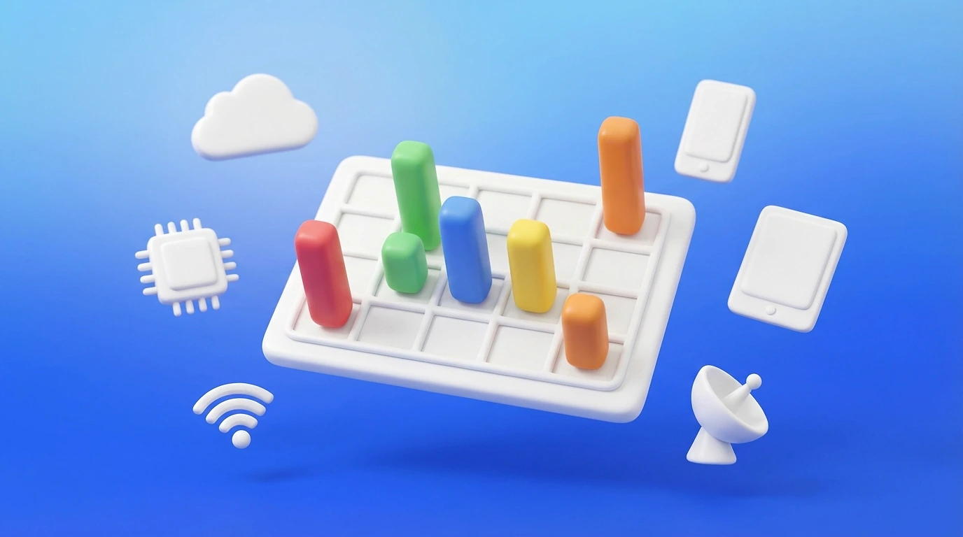 Illustration 3D d'une grille tarifaire avec des barres de prix colorées et des icônes de technologies