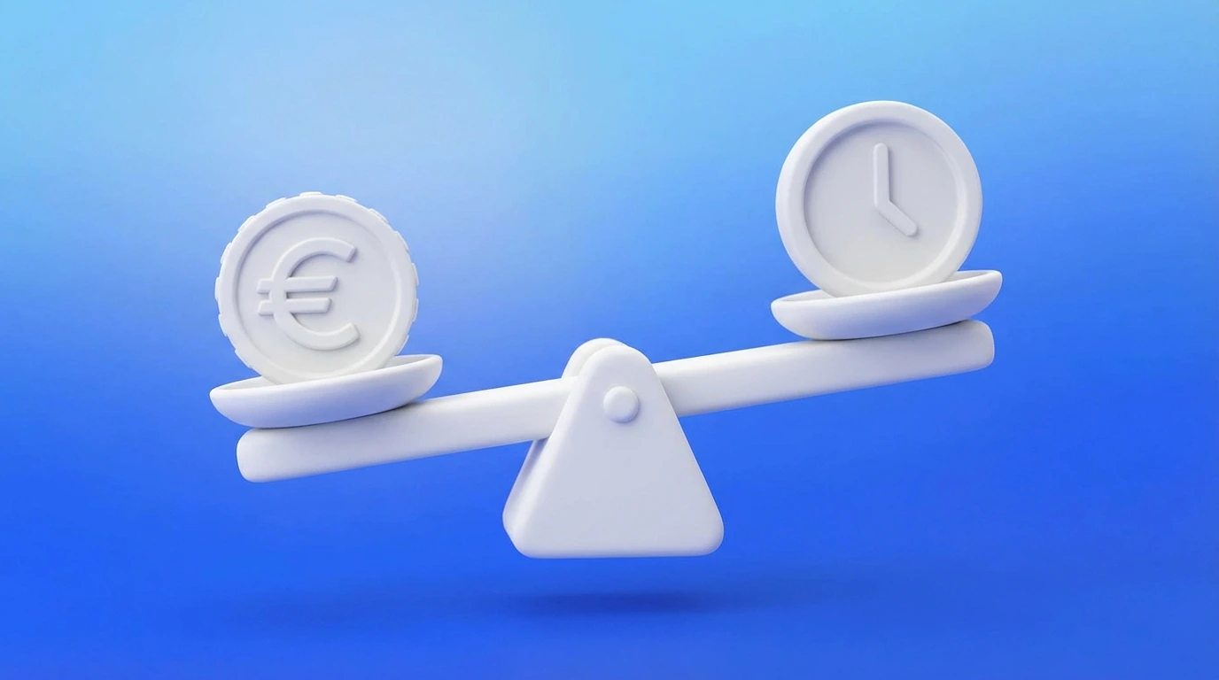 Illustration 3D d'une balance avec une pièce en euro d'un côté et une horloge de l'autre, symbolisant l'équilibre entre valeur et temps