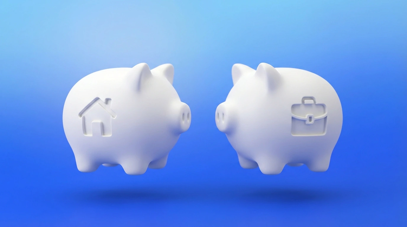 Deux enveloppes contenant des billets, l'une étiquetée personnel et l'autre professionnel, trésorerie freelance