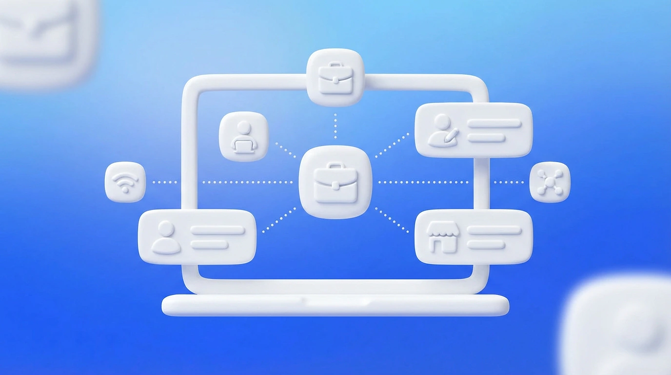 Illustration 3D d'un écran d'ordinateur affichant plusieurs icônes de plateformes freelance connectées entre elles