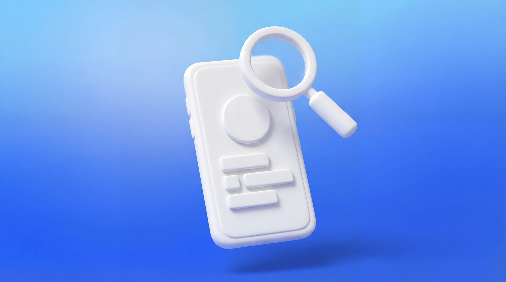 Illustration 3D d'un smartphone affichant un profil professionnel avec une loupe, symbolisant la prospection LinkedIn pour freelances