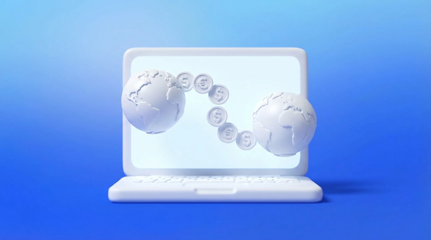Illustration 3D de pièces en dollars et euros circulant entre deux points sur un globe, symbolisant le paiement international freelance
